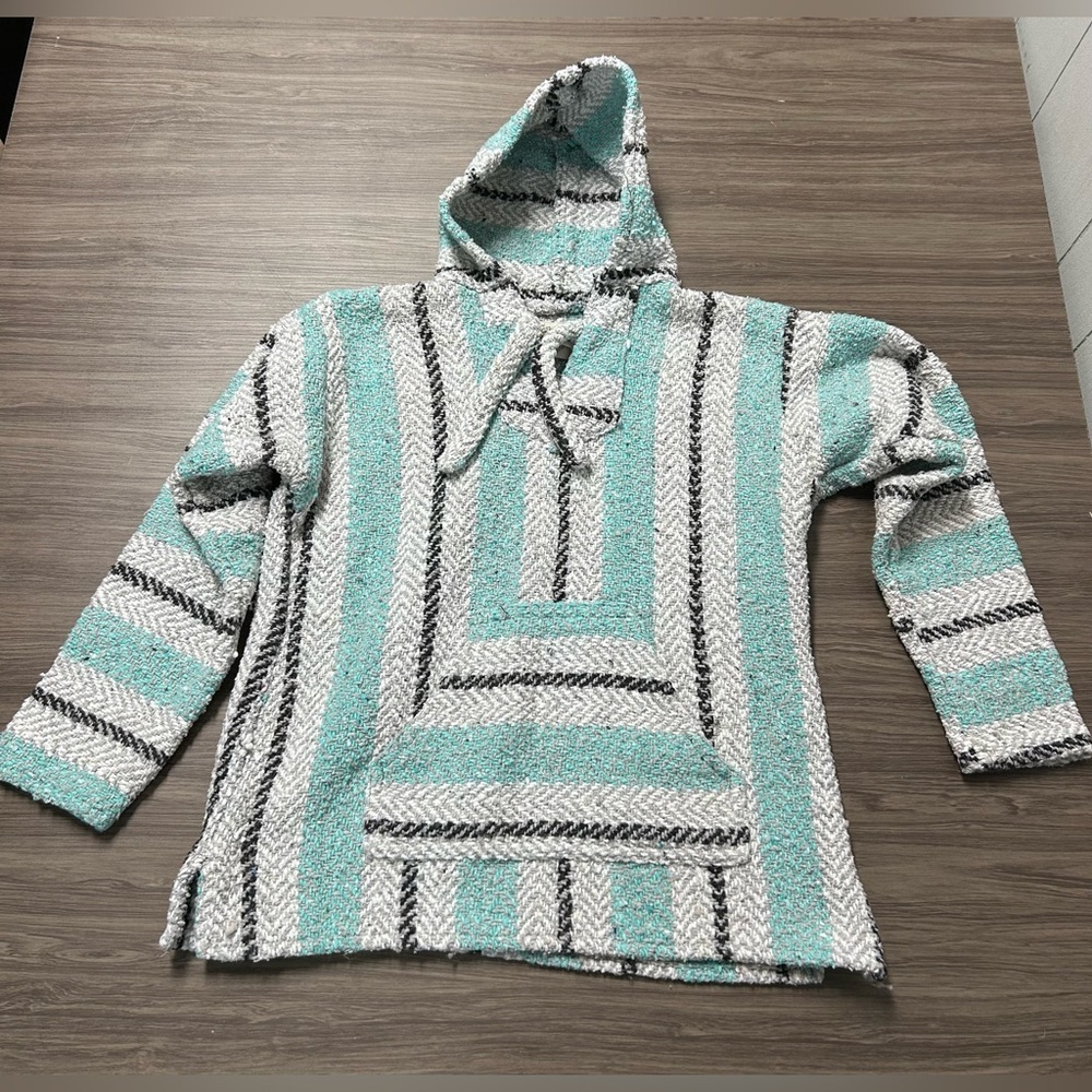Earth Ragz Baja Poncho Mexican Hoodie Pullover Striped Oversized Blue Women S